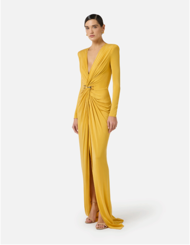Robe de soirée longue jaune à manches