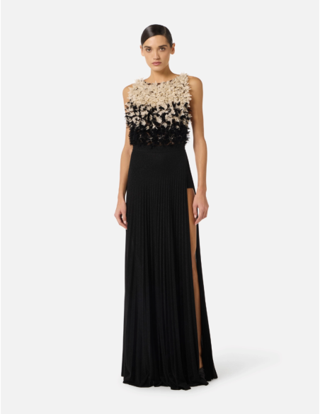 robe de soirée noire plastrons fleurs
