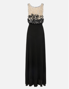 black evening dress with feathers and flowers