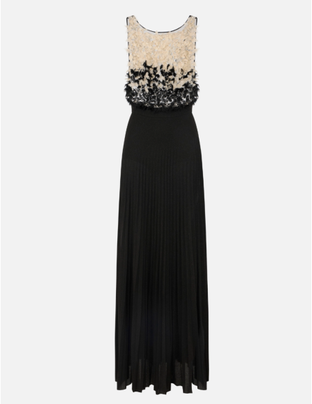 black evening dress with feathers and flowers
