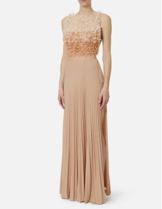 nude evening dress with feathers and flowers