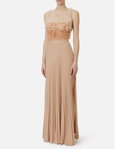nude evening dress with feathers and flowers