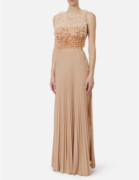 nude evening dress with feathers and flowers