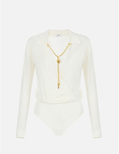 Elisabetta Franchi cream bodysuit with gold chain detail