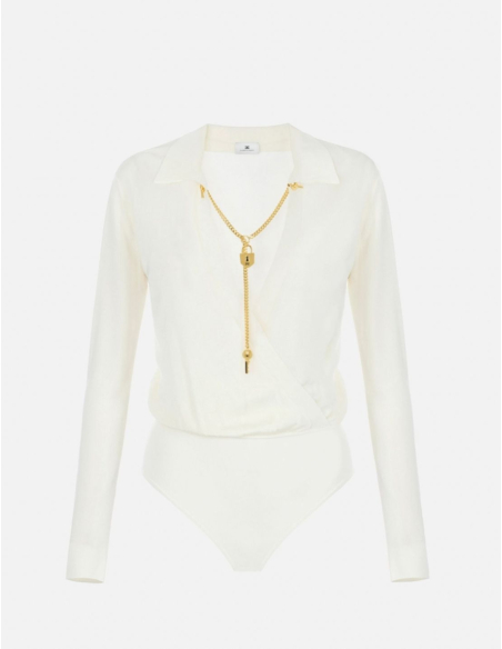 Elisabetta Franchi cream bodysuit with gold chain detail