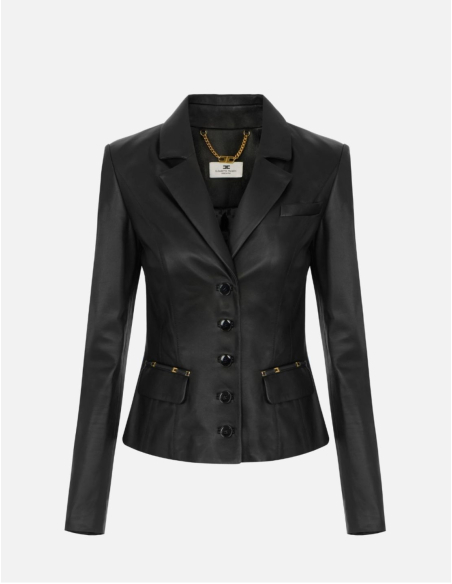 Elisabetta Franchi veste en cuir noir avec détails logo femme