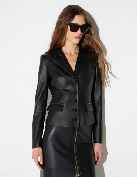 Elisabetta Franchi veste en cuir noir avec détails logo femme
